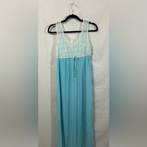 Vintage Aqua Blue Lace Bodice Nightgown Women’s Sleepwear 60s 70s Made in USA M - Picture 4 of 5